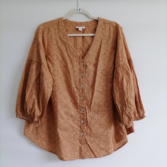 J. Jill Womens Burnt Orange Balloon Sleeve Eyelet Embroidered Blouse Top Size S - Picture 1 of 7